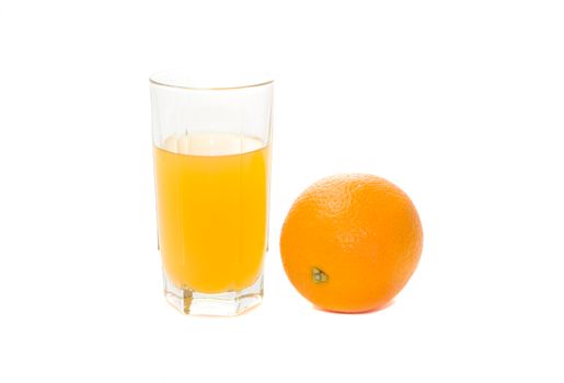 glass with orange juice and orange, isolated on white