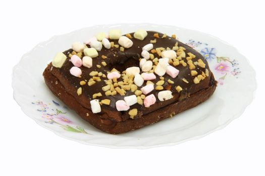 square donut with chocolate, marsmallow and peanut toppings

