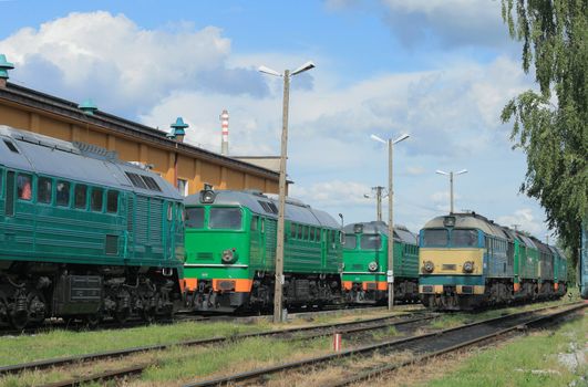 Diesel locomotives standing on the depot tracks
