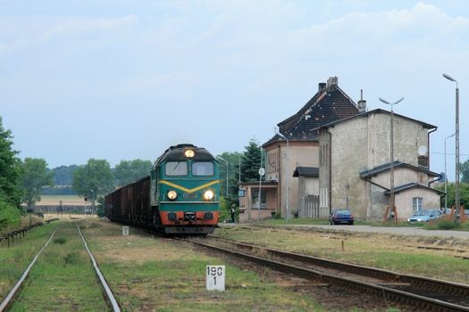 Freight train hauled by diesel locomotive passing the station
