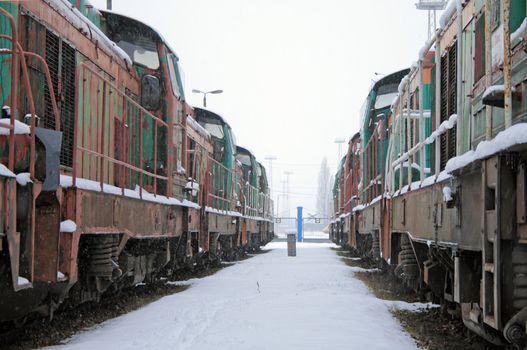 Diesel locomotives standing on the depot tracks
