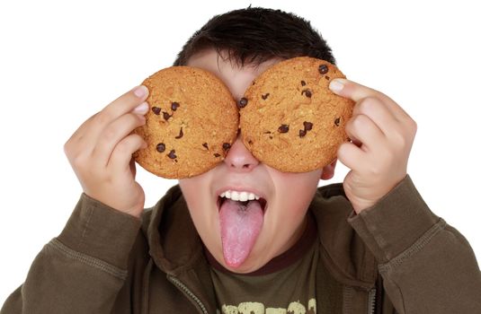 teen boy playing with cookies, isolated on white