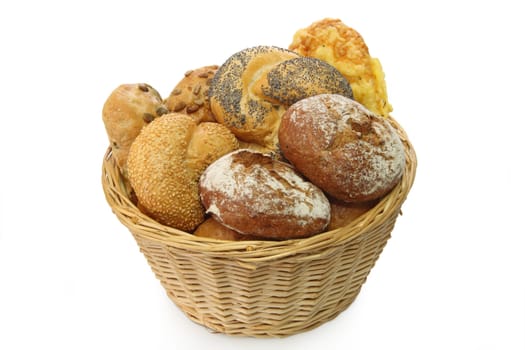 Bread basket with delicious bread rolls on white background