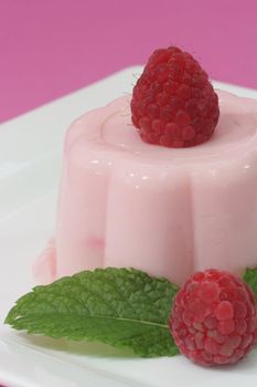 Delicious raspberry custard with fresh fruits in detail-