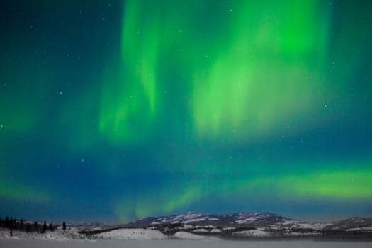 Northern Lights (Aurora borealis) over moon lit snowscape of frozen lake and forested hills.