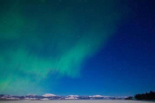 Northern Lights (Aurora borealis) over moon lit snowscape of frozen lake and forested hills.