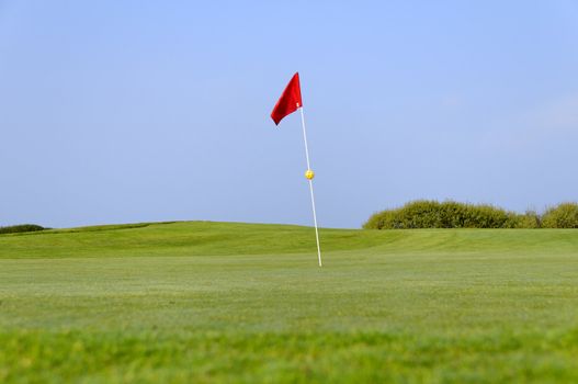 a red flag on the green with a yellow ball