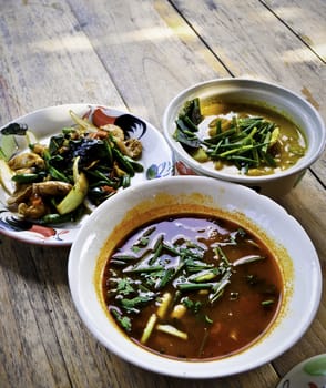 Curry, Tom Yum soup, and stir-fry from a cooking school in Thailand