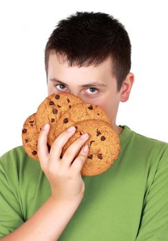 teen boy playing with cookies, white background