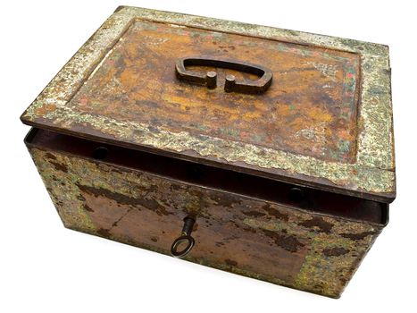 old rusty chest with key over white background 