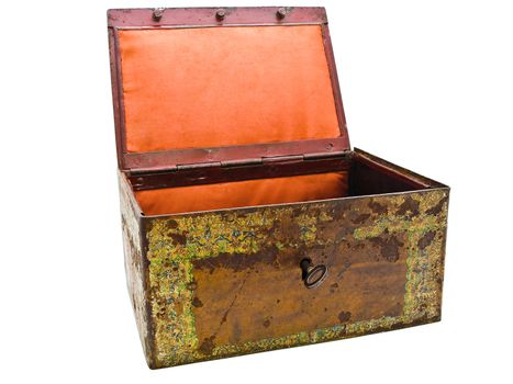 old open rusty chest over white background 
