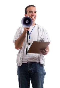 A friendly coach is holding his clipboard and a megaphone trying to promot teamwork, isolated against a white background