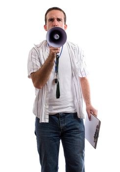 A strict coach is using his megaphone to yell at the viewer, isolated against a white background