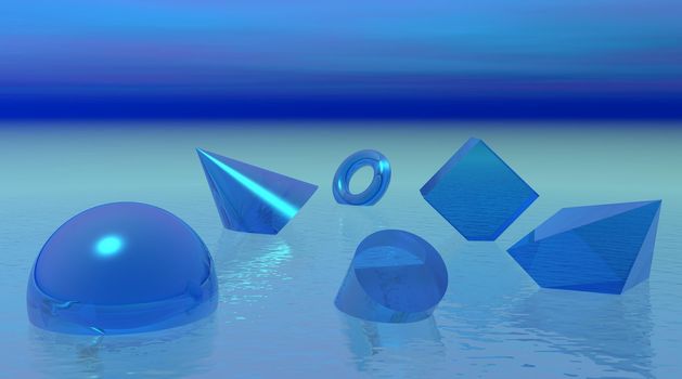 Differents shapes floating in blue ocean : sphere, cube, pyramid, cone, circle