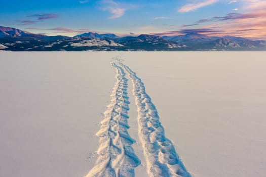 Snowshoe prints forming a trail in untouched powder sow surface coming from far away.