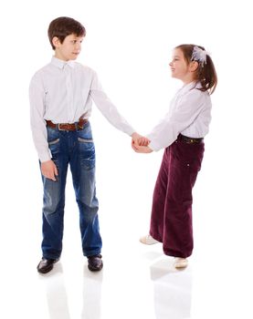 brother and sister posing together isolated on white