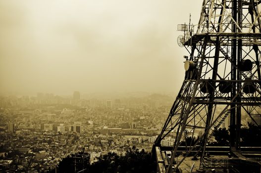 lookout from seoul tower over the smog covered city