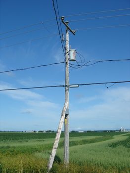 Typical wood elecrtic pylon by a road in Canada