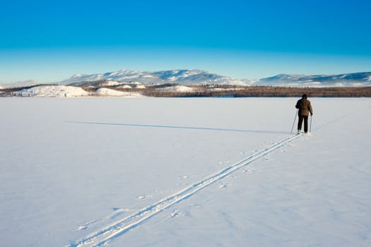 Beautiful cold winter day takes cross-country skiing person out having fun in ski tracks.