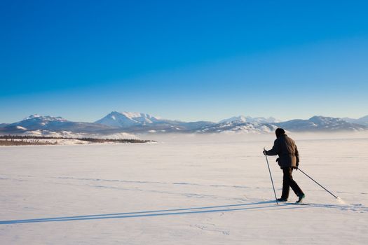 Person skiing on cross-country skis casts long shadow on untouched powder snow.