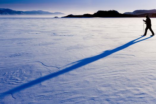 Person skiing on cross-country skis casts long shadow on untouched powder snow.