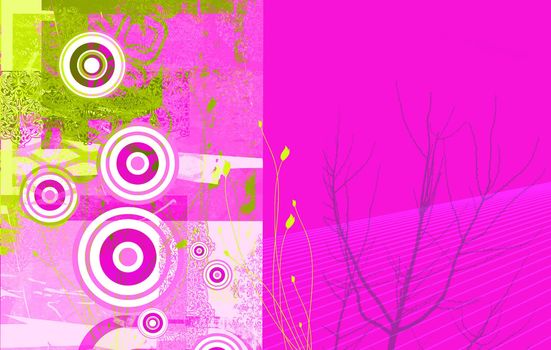 Landscape format image of a dayglow grunge styled background, with foliage and circular target shapes over a dominant pink base.
