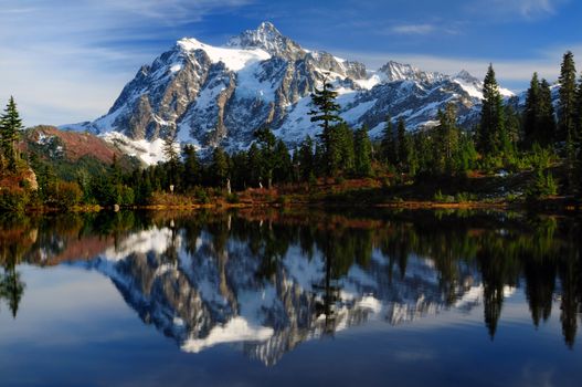 Close-up of Mount Shuksan reflected across Picture Lake