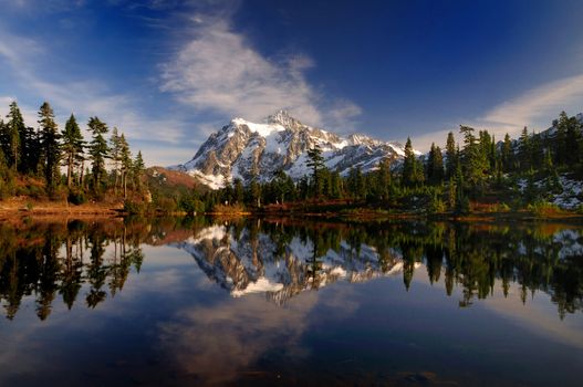 A wide angle portrait of Mount Shuksan and its reflection