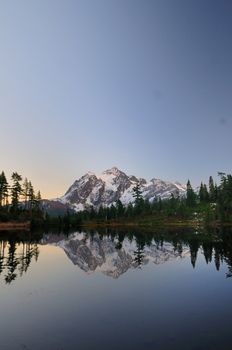 Mount Shuksan from picture lake after sunset on a clear day