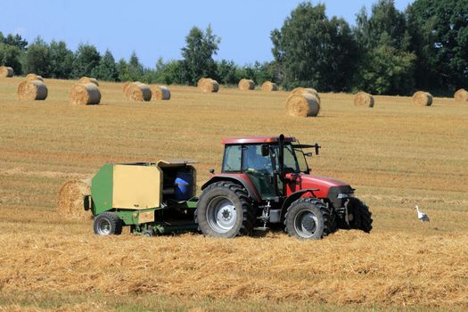 Landscape with tractor, straw bales and storks
