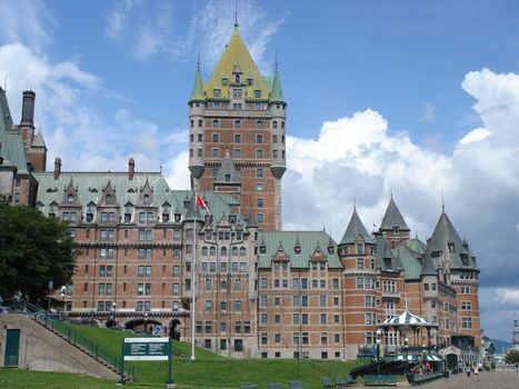Frontenac castle in Quebec, Canada, by cloudy weather
