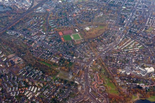 Aerial view of suburban area Dusseldorf, Germany, Europe, with mixed residential and industrial zones.