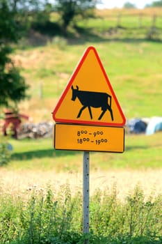 Yellow road sign with farm animal
