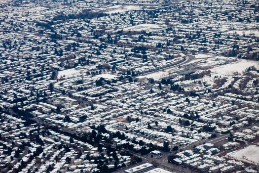 Aerial view of urbanization of lower mainland near Vancouver, British Colombia, Canada, in winter.