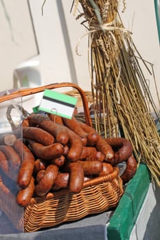Traditional polish sausage known as kielbasa at the market
