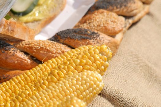 Corn and bread at the street market
