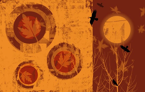 A landscape format image of an autumnal scene with grunge style abstract patterns, autumn leaves and black crows, with an abstract sun set.
