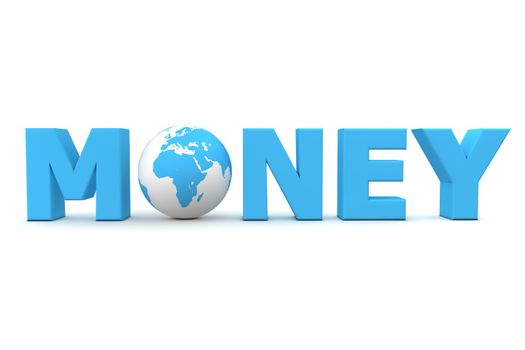 blue word Money with 3D globe replacing letter O