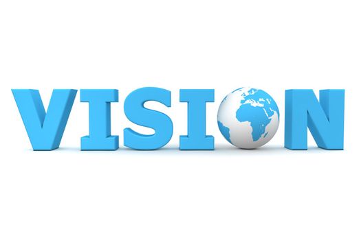 blue word Vision with 3D globe replacing letter O