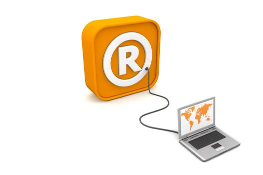 laptop with orange world map connected with an orange cable to the orange 3D RSS like Registered Trademark symbol - angled view