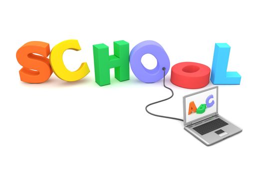 a laptop with different letters on the screen is connected to the multicoloured and jumbled 3D letters SCHOOL - different cable routing than image I