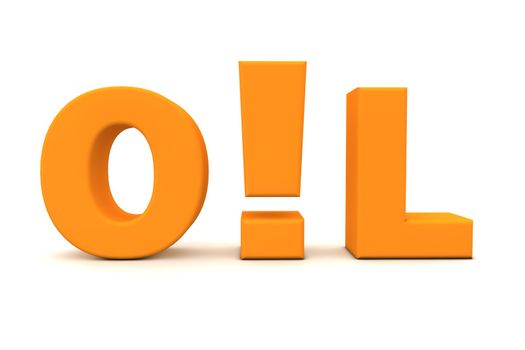 orange word Oil with an exclamation mark replacing the letter i - front view