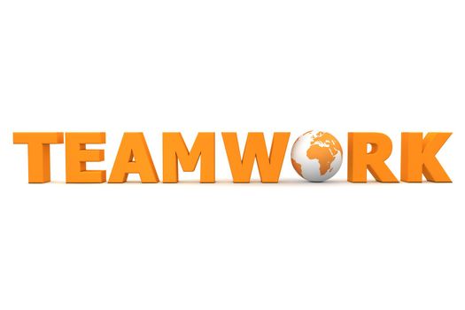 orange word Teamwork with 3D globe replacing letter O