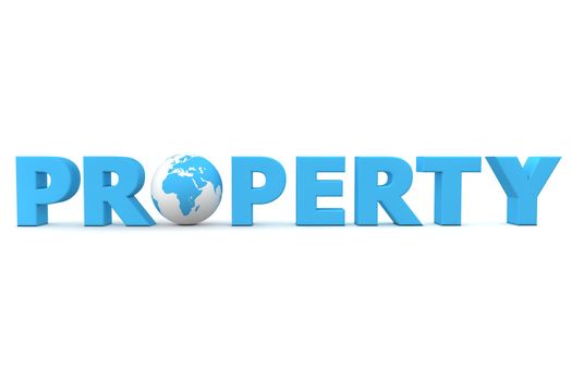 blue word Property with 3D globe replacing letter O