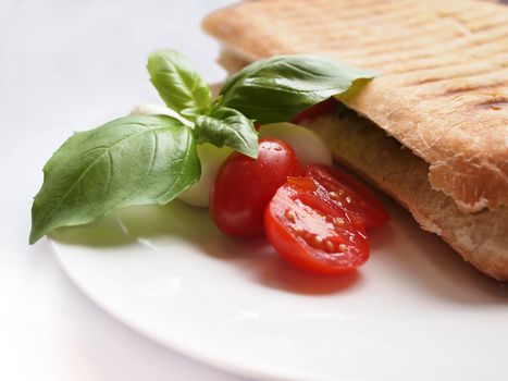 Close up of an italian lunch with a panini sandwich with a side salad including tomatoes, mozzarella cheese and basil leaves.