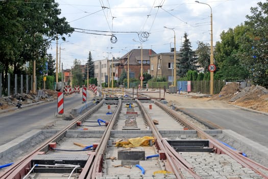 Construction of a new street with renewed tram tracks

