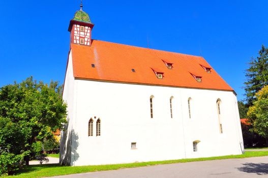 The church of Offenhausen village on the heights of the swabian alb, Baden-Wuerttemberg, Germany