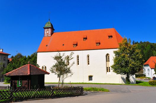 The church of Offenhausen village on the heights of the swabian alb, Baden-Wuerttemberg, Germany