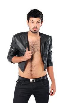 young man in a black leather jacket with a white background
