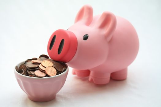pink piggy bank and coins